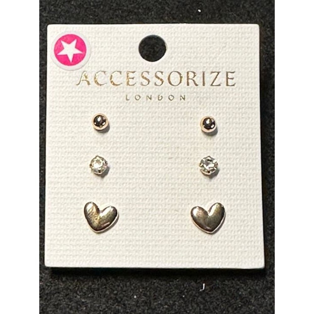 accessorize london 3 pair heart rhinestone stud earring set silver tone nwt new